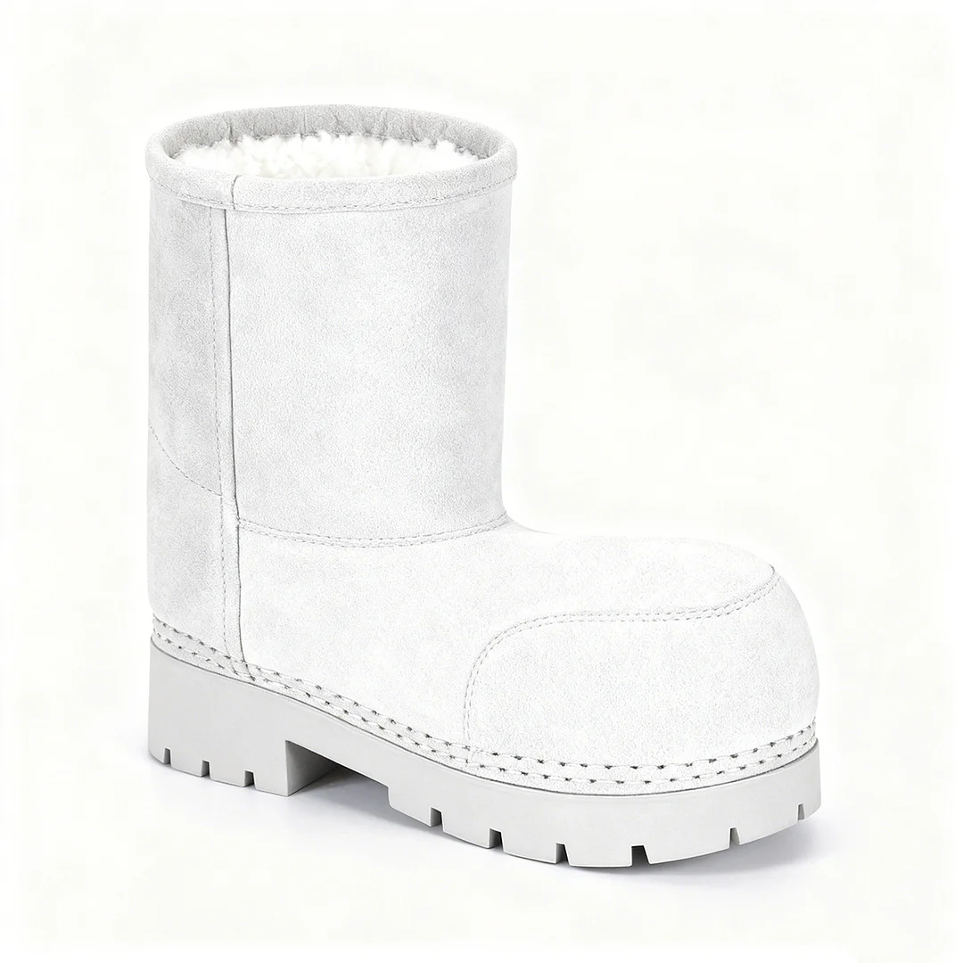 Faux Suede Platform Fuzzy Snow Boots Round Toe Hippy Winter Boots Slip On Knee High Chunky Heel Fur Ankle Boots-MERUMOTE