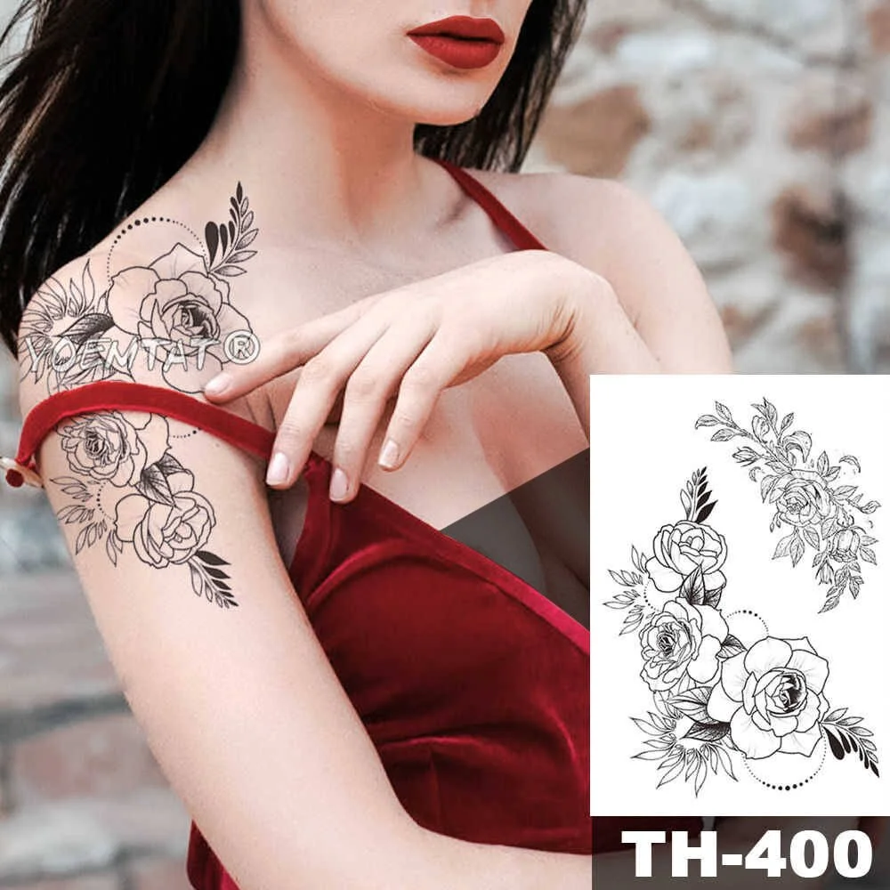 Lace Jewelry Lily Rose Waterproof Temporary Tattoo Sticker Black Shoulder Flower Big Tatto Body Art Fake Tatoo For Women