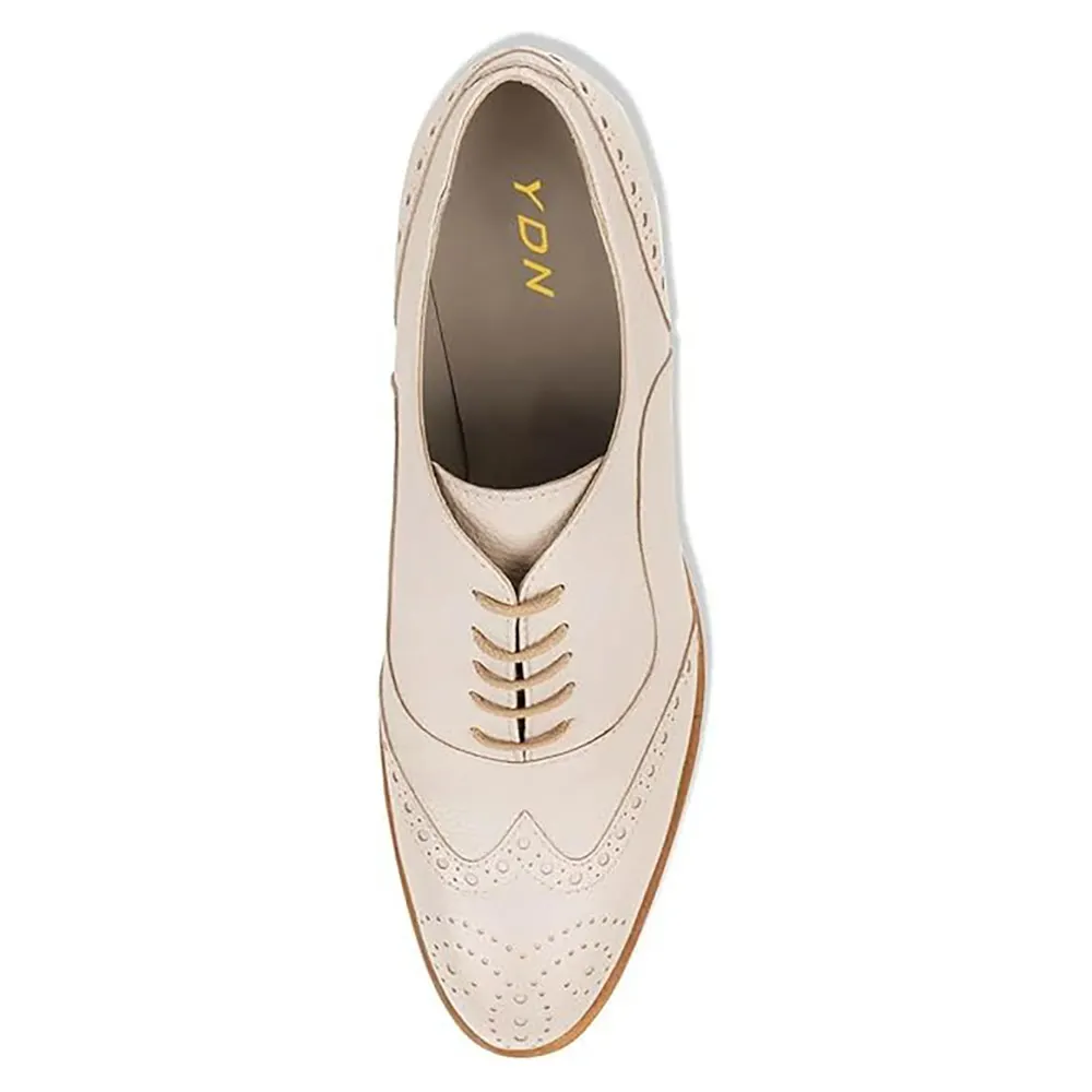 Beige Round Toe Lace-Up Block Heel Vegan Leather Oxford Shoes Women