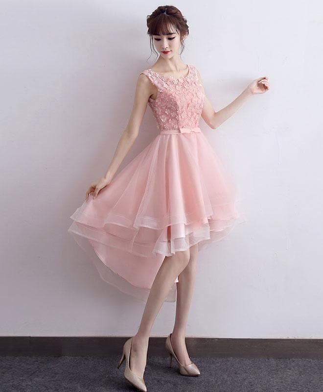 Cute Pink Lace Short Prom Dress, High Low Evening Dress