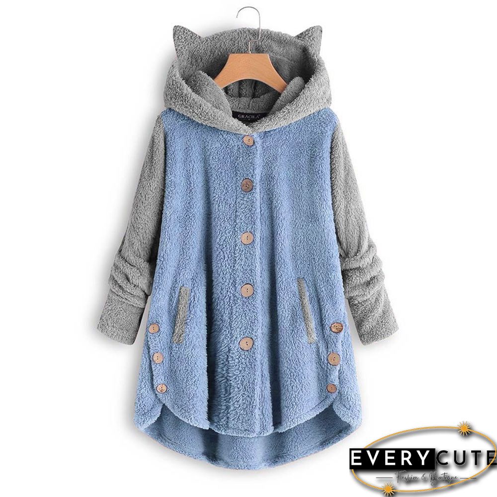 Autumn And Winter Button Hooded Cat Ears Plush Top Irregular Color Matching Coat Women