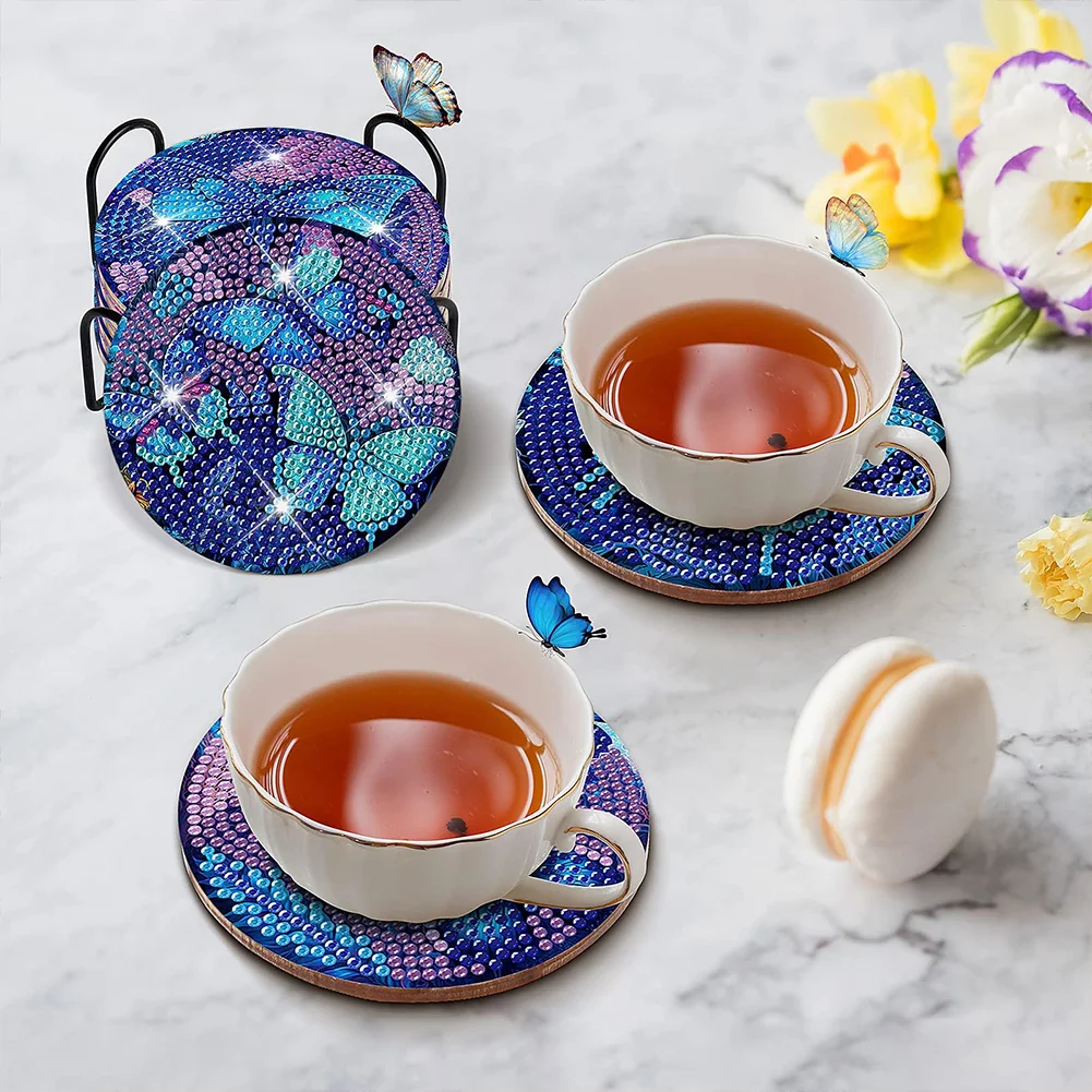 8pcs DIY Purple Butterfly Diamond Painting Coasters Kits Acrylic Full Drill Coaster Single Side Diamond