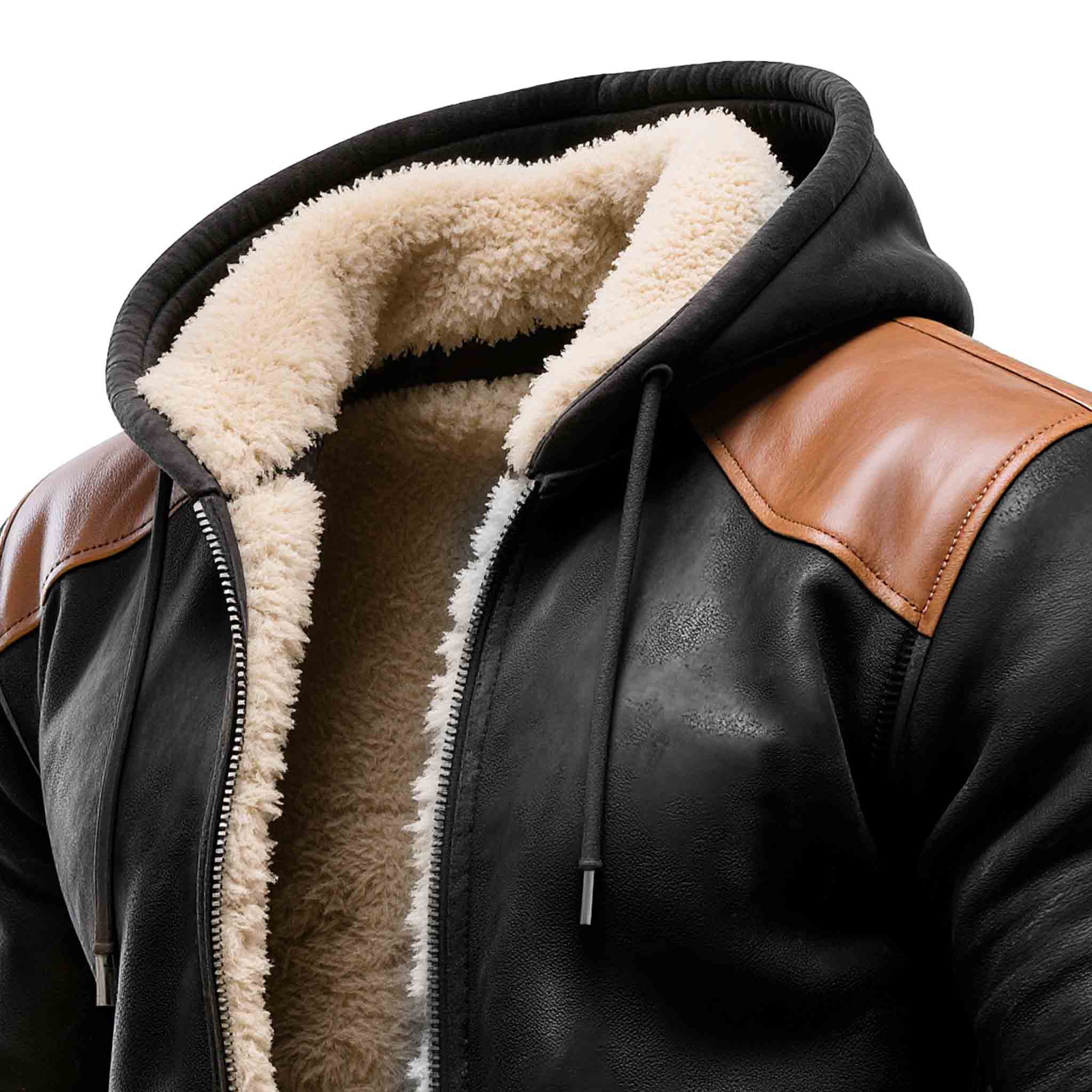 Men's Vintage Black Contrast Leather Warm Fleece Hooded Jacket - Helixace