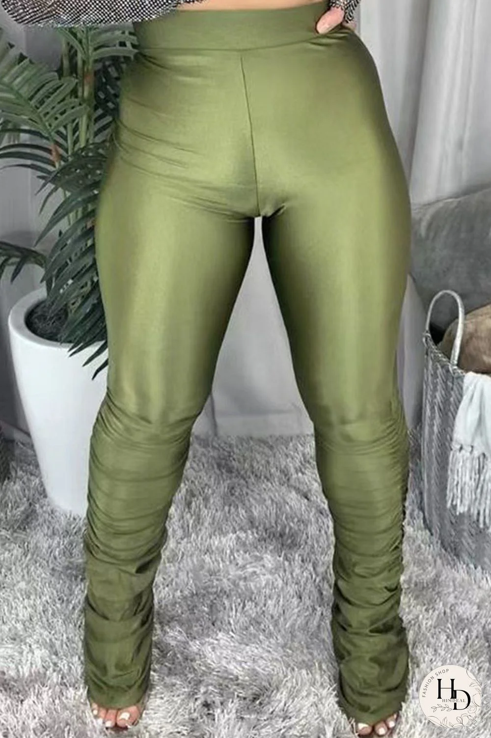 Green Celebrities Solid Fold Without Belt Regular Small Elastic Mid Waist Pencil Bottoms