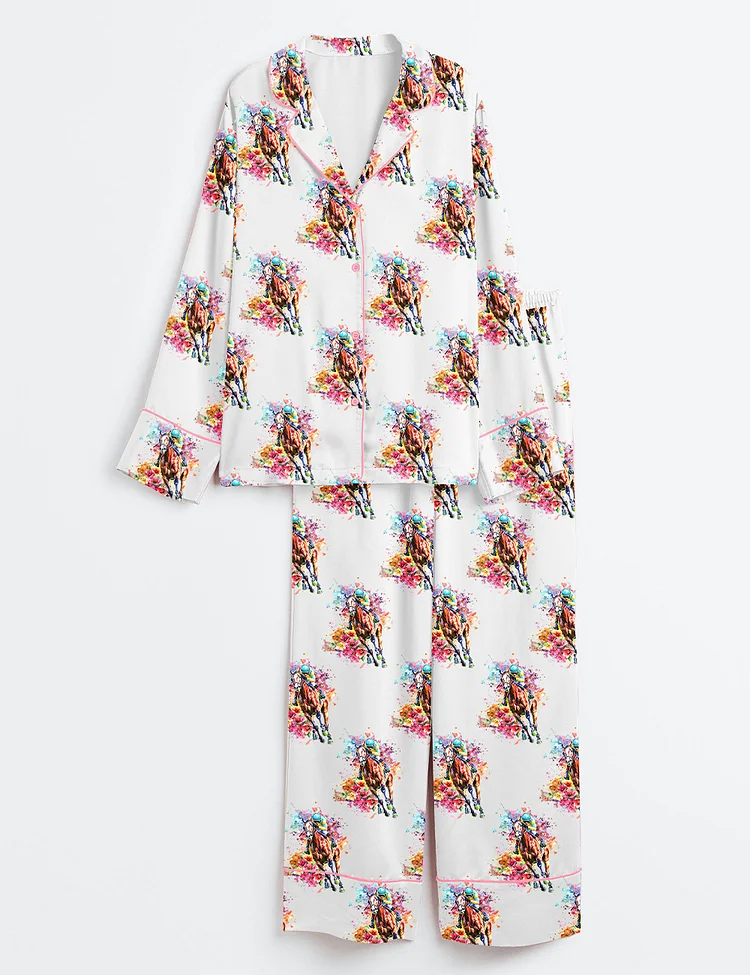 Women&rsquo;s Western Kentucky Derby Party Talk Derby to Me Racing Horses Print Long Sleeve Satin Pajama Set