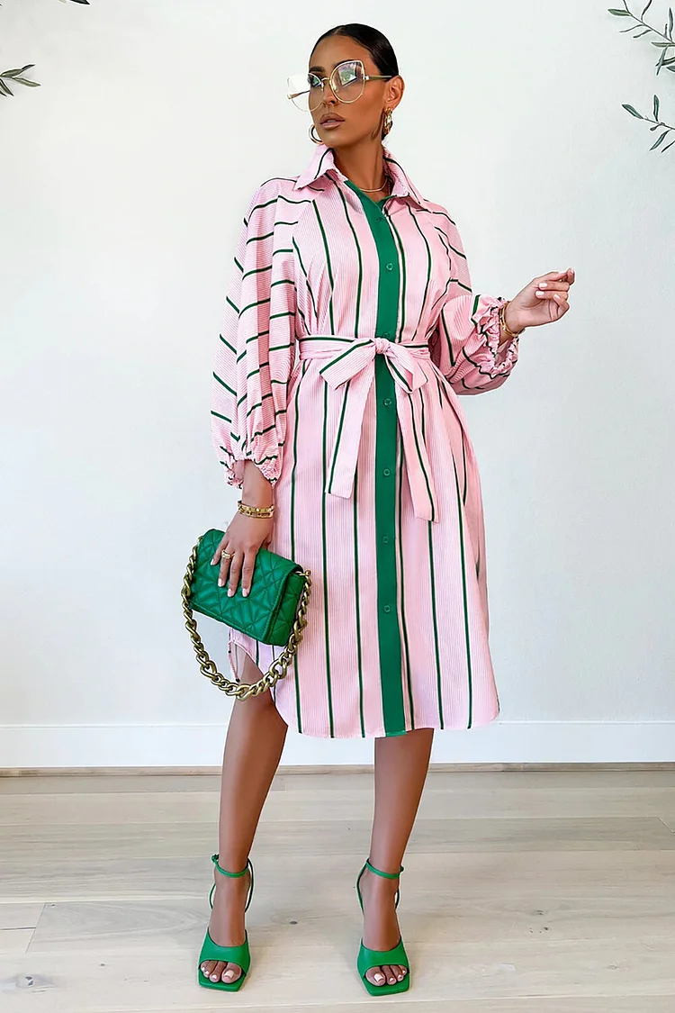 Striped Print Lantern Sleeve Tie Belt Colorblock Midi Shirt Dresses-Pink