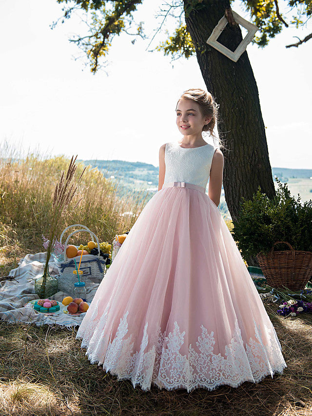 Beautiful Princess Sleeveless Jewel Neck  Flower Girl Dress Tulle Cotton With Lace Belt Appliques - lulusllly