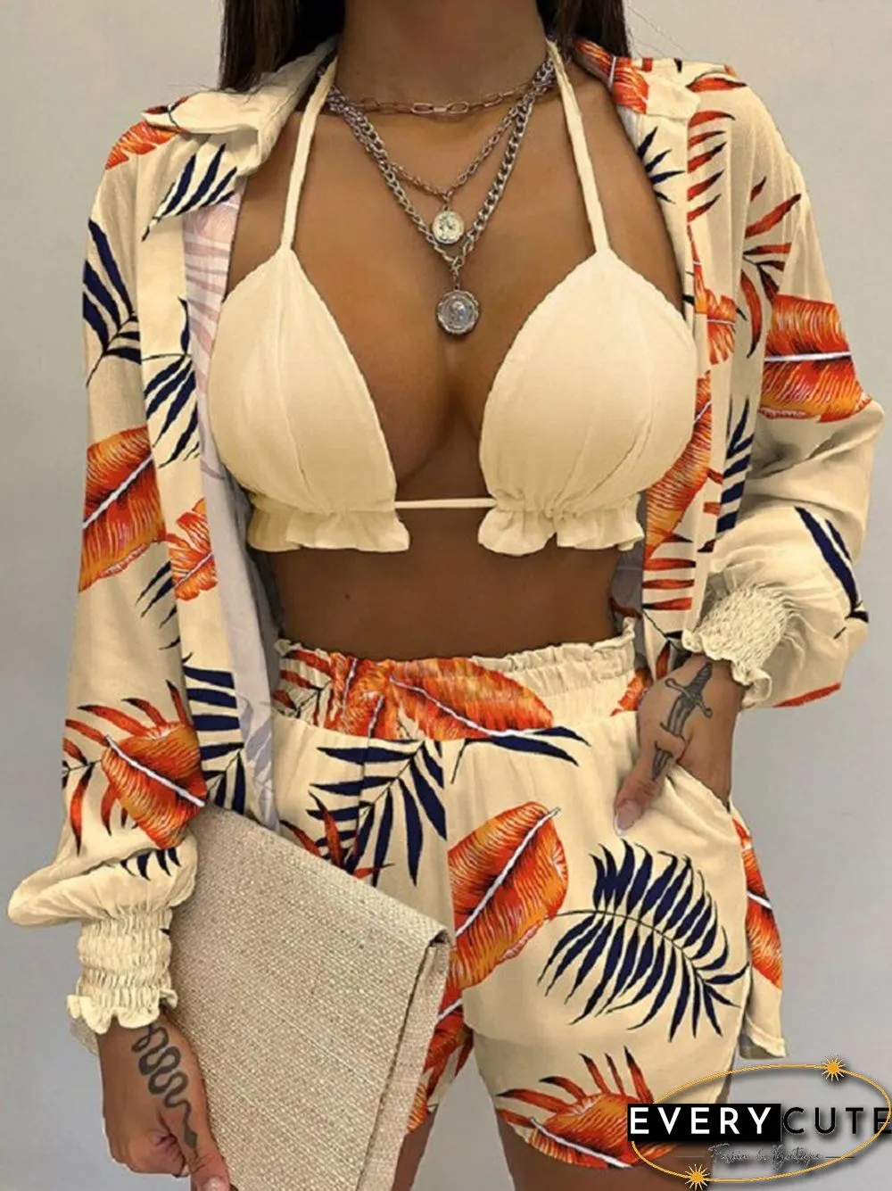 Retro Elegant Print V-Neck Bra Long Sleeve Shirts tops shorts suits beach women casual