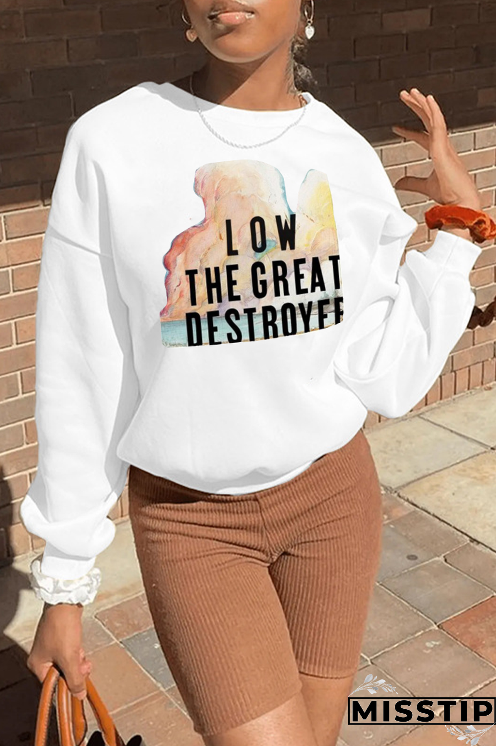 Black Casual Daily Print Patchwork O Neck Tops