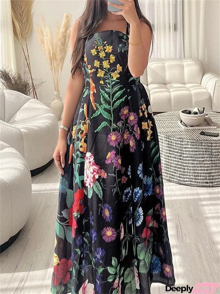 Women's Retro Elegant Square Neck Backless Floral Dress