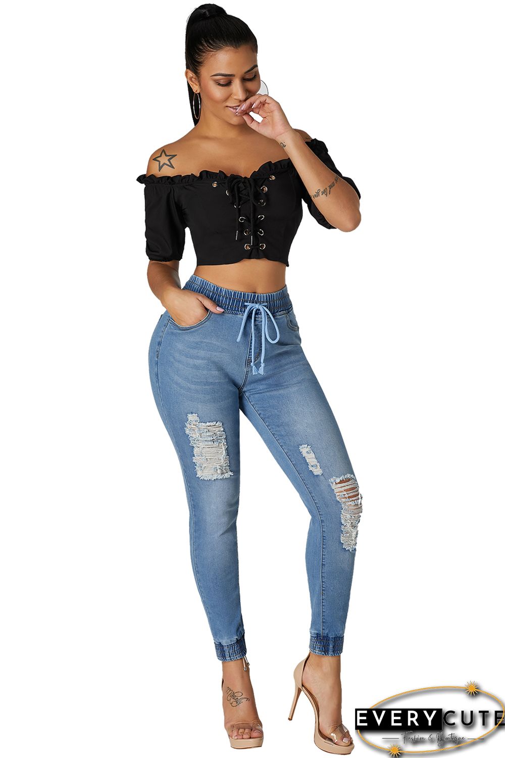 Light Blue Denim Mode Distressed Jogger Pants