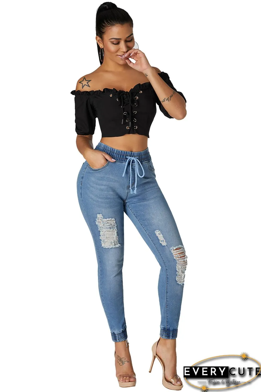 Light Blue Denim Mode Distressed Jogger Pants
