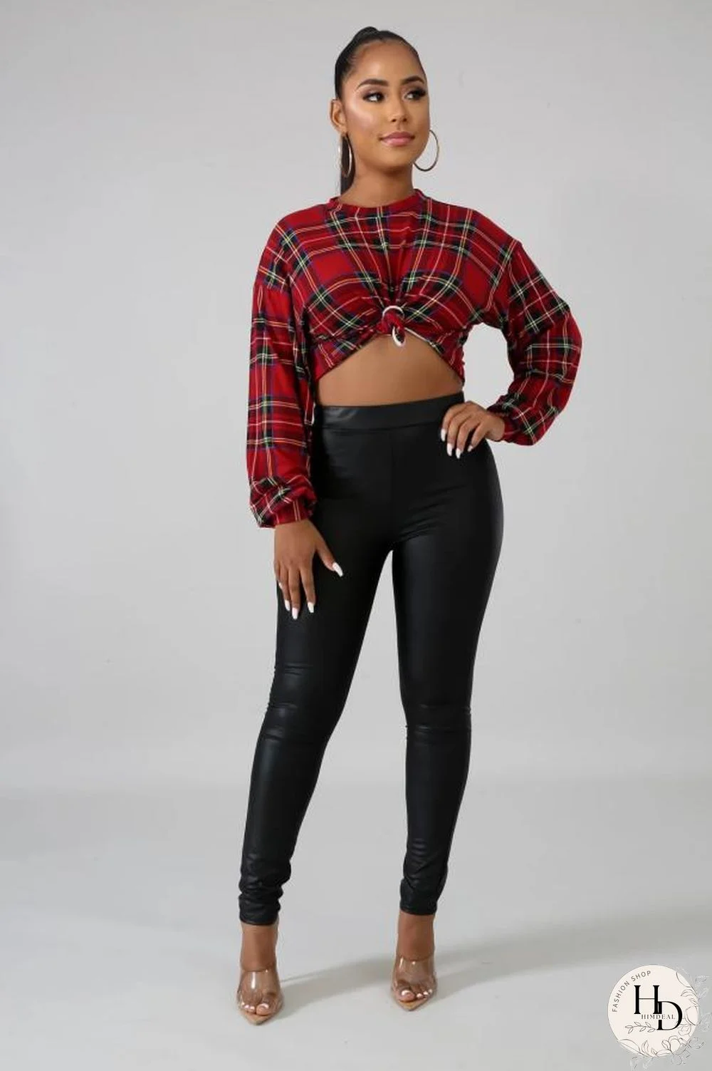 Red Polyester O Neck Long Sleeve crop top Print Plaid Long Sleeve Tops