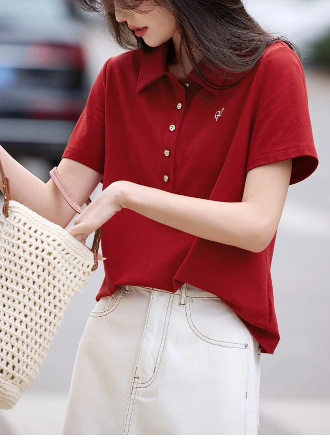 Athvotar Athvotar Vintage Red Elegant POLO T-Shirt 2025 Summer New Commuting Shoulder Slim T-Shirt