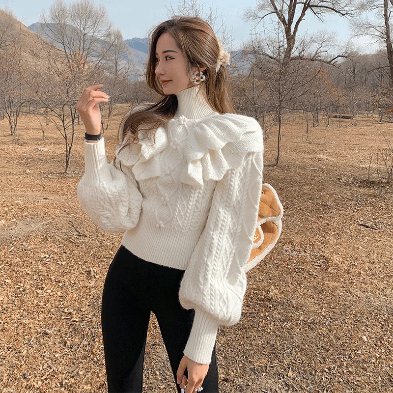 Churchf Churchf New Autumn And Winter Princess Wind Add Thick Versatile Western Style Jacket High Collar Temperament White Twist Heavy Industry Sweater Female