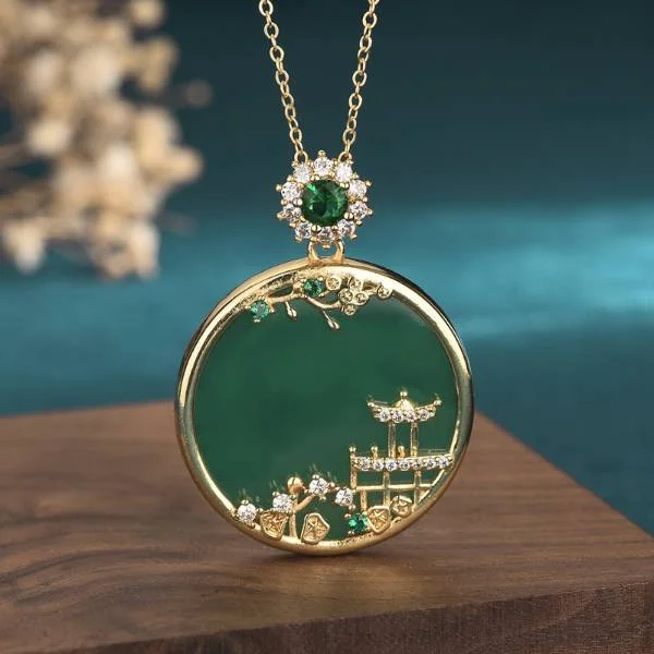 Natural Jade Green Round Landscape Pendant Necklace