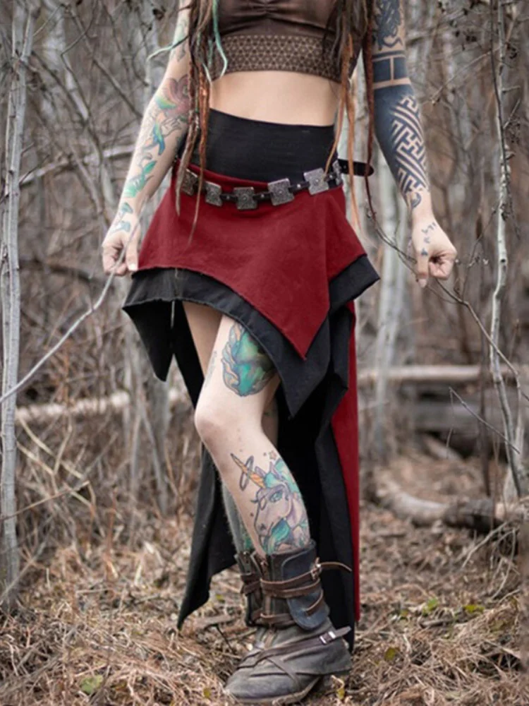 Steampunk High Waist Stitched Double Skirt Medieval Retro Elf Skirt