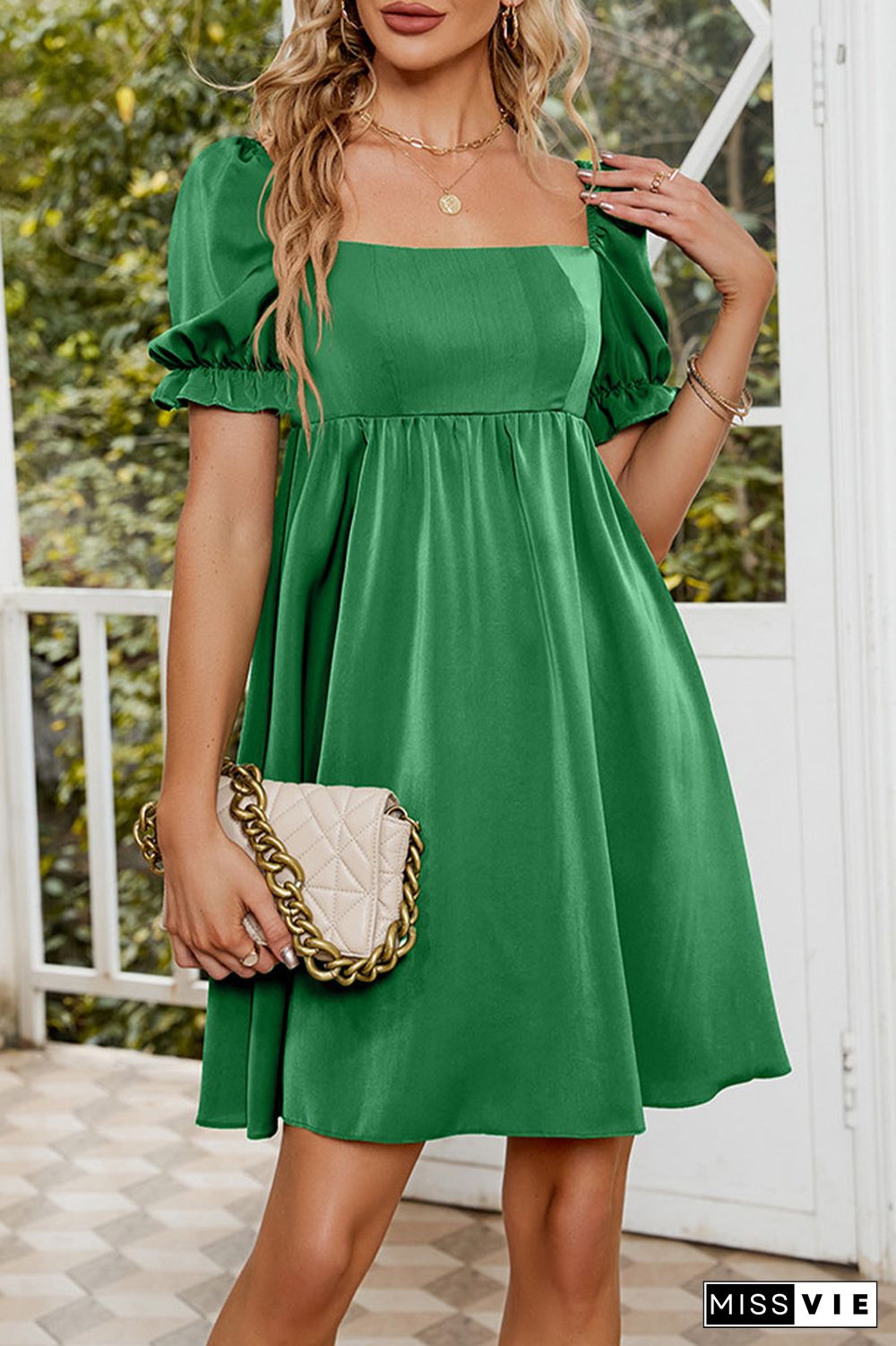Sweet Elegant Solid Fold Square Collar A Line Dresses