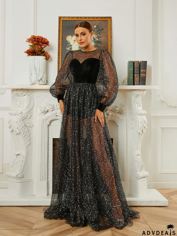 Crew Neck A-Line Panel Long Sleeve Evening Dress RH30652