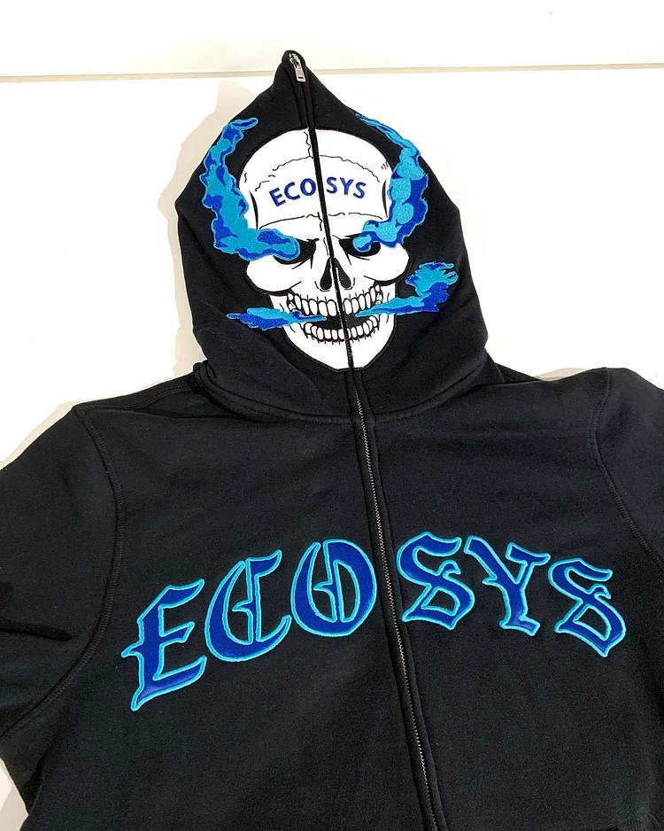 Hip Hop Embroidery Skull Hoodie Y2k Full Zip Hooded Sweatshirt at Hiphopee