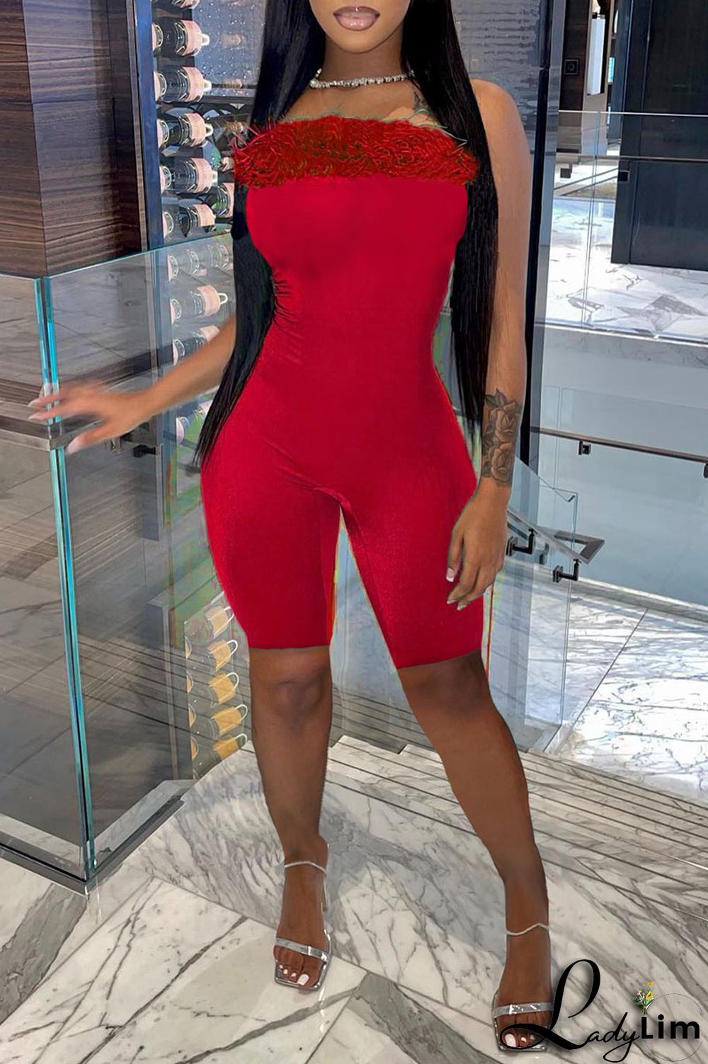 Black Sexy Solid Split Joint Feathers Strapless Regular Jumpsuits