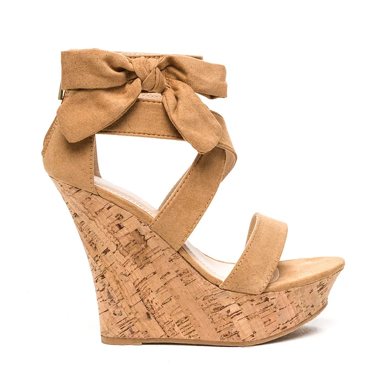 Khaki Suede Wedge Platform Sandals with Side Bow Detail Vdcoo