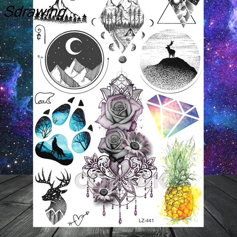 Sdrawing Geometric Fox Wolf Temporary Tattoos For Men Women Henna Tatoos Paper Waterproof Body Art Arm Leg DIY Fake Tattoo Sticker