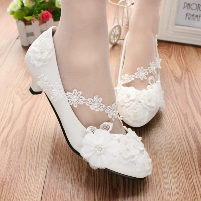 White Large Lace Low Heel Wedding Dress 3D Flower Women's Shoes-PABIUYOU- Women's Fashion Leader