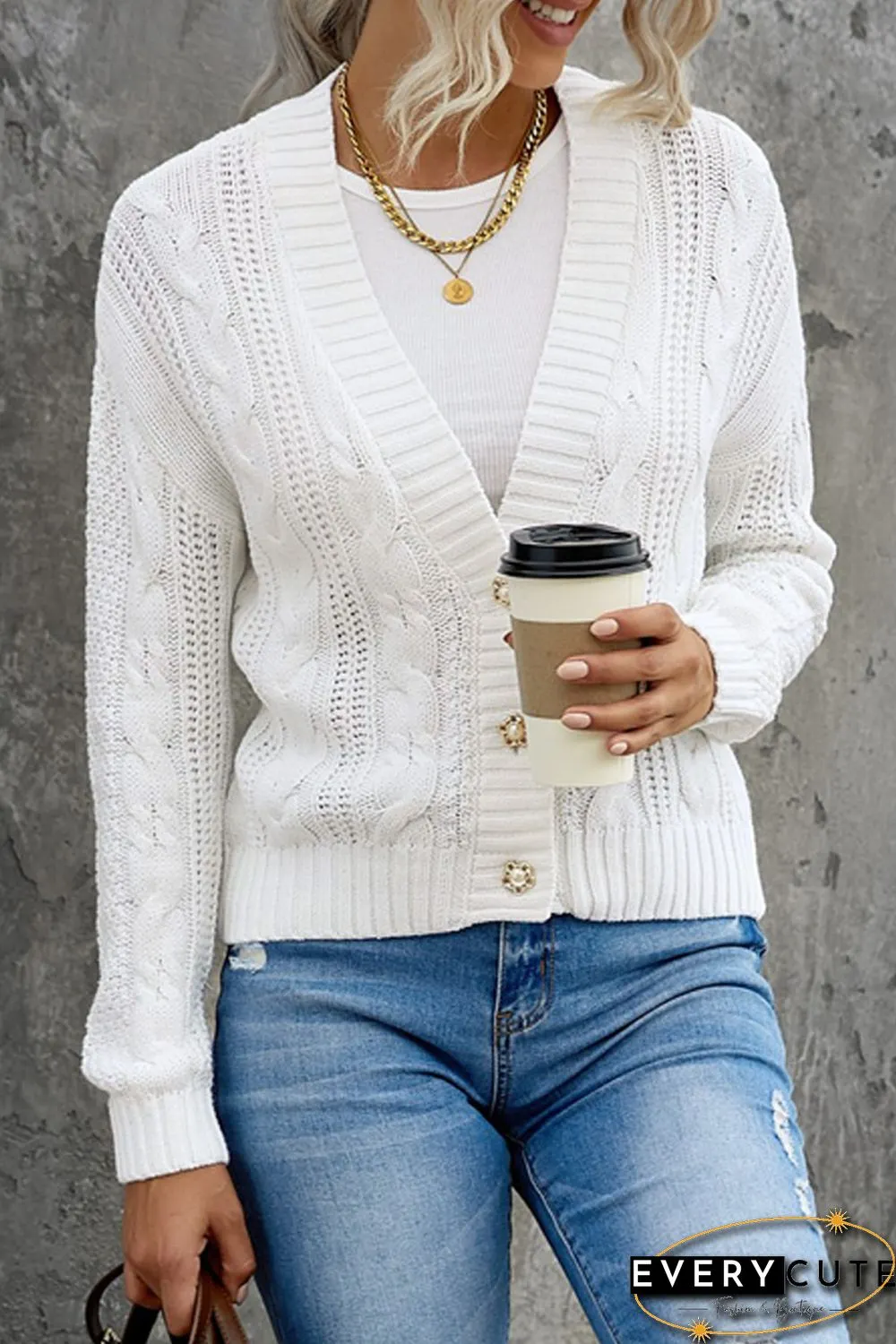 White Buttons Weave Knit Cardigan