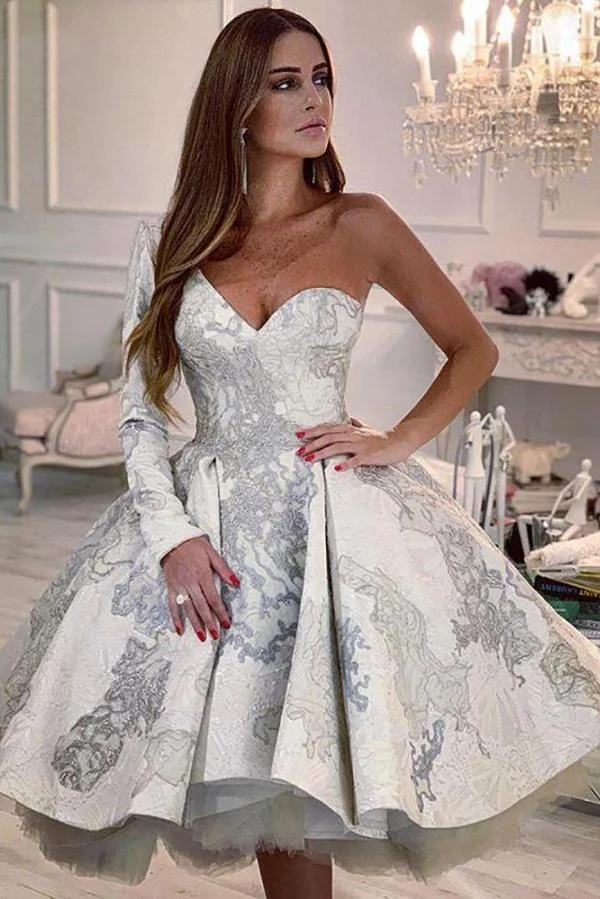 Glamorous A-line One Shoulder Floral Pattern Short Wedding Dress With Sleeves | Ballbellas Ballbellas