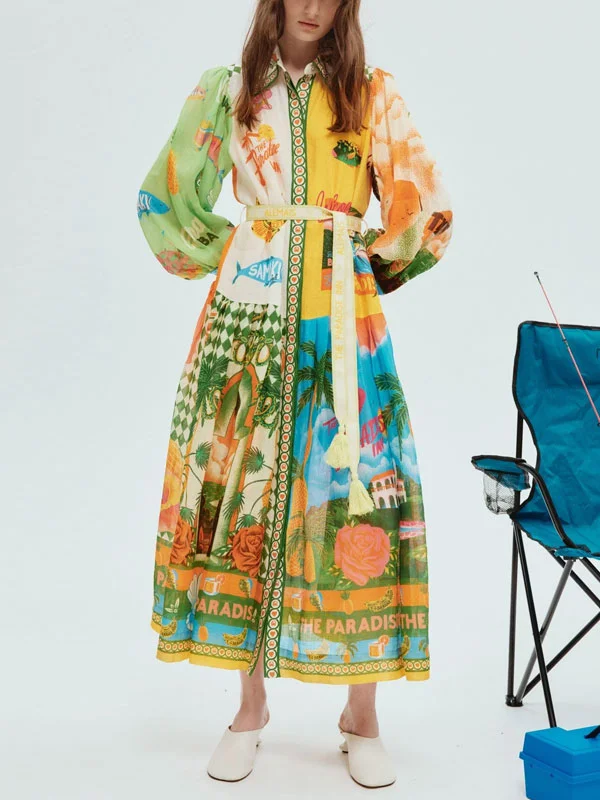 Loose Lantern Sleeve Printed Women's Dress