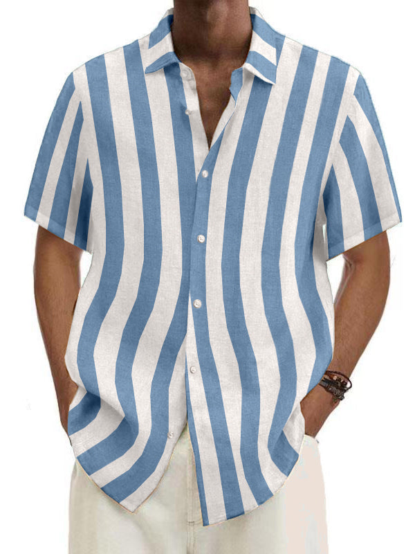 Men's Cotton Linen Striped Basic Short Sleeve Shirt PLUSCLOTHESMAN
