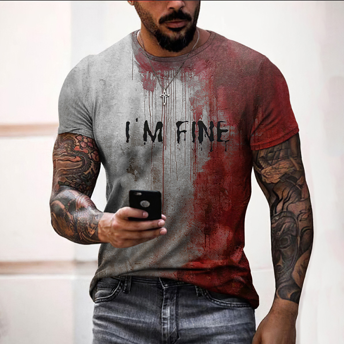 Comstylish Men's Bloody I'm Fine Halloween Print T-Shirt