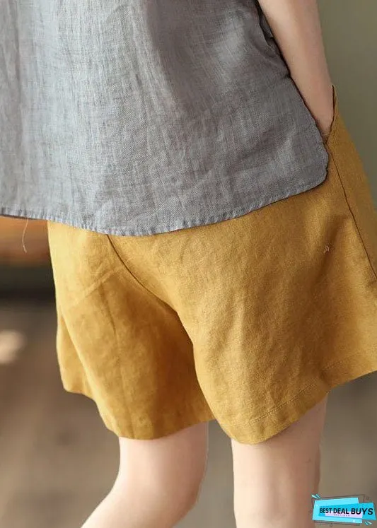 Yellow Pockets Elastic Waist Linen Shorts Summer