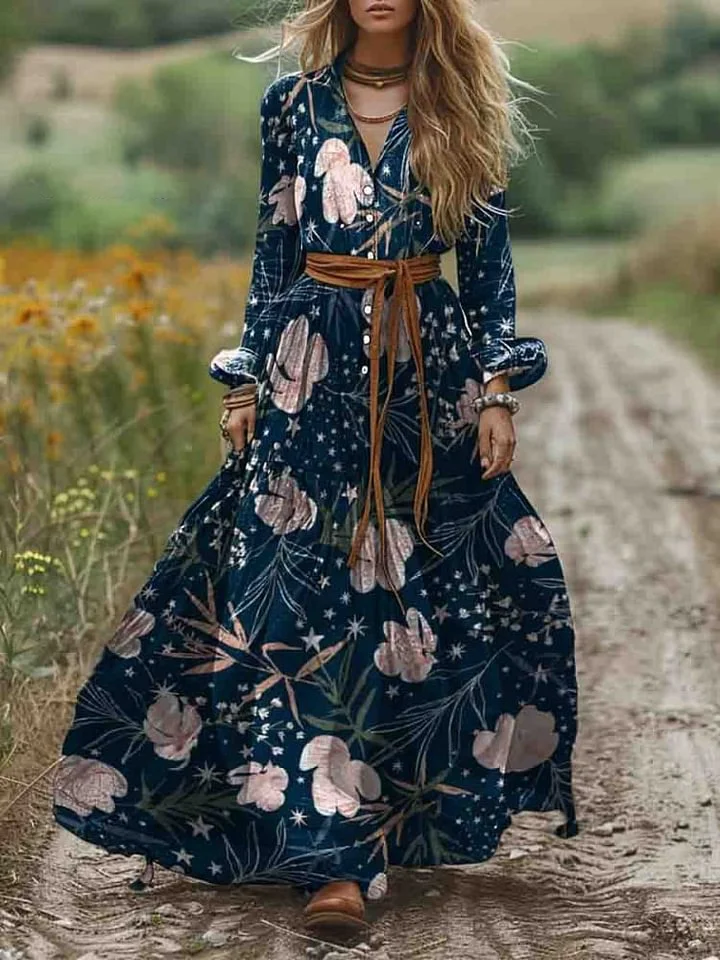 Women's Vintage Print Pocket Cotton Shirt Dress