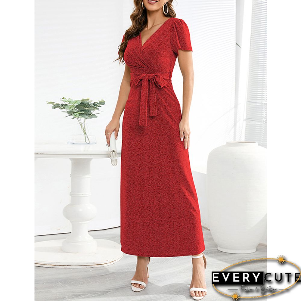 Red Cross Open Back V Neck Maxi Dress With Belt