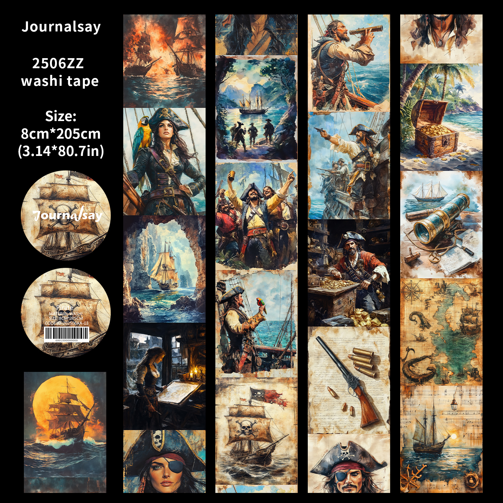 Washi Tape - 80mm*200cm Vintage Pirate Sea Travel Character Landscape 