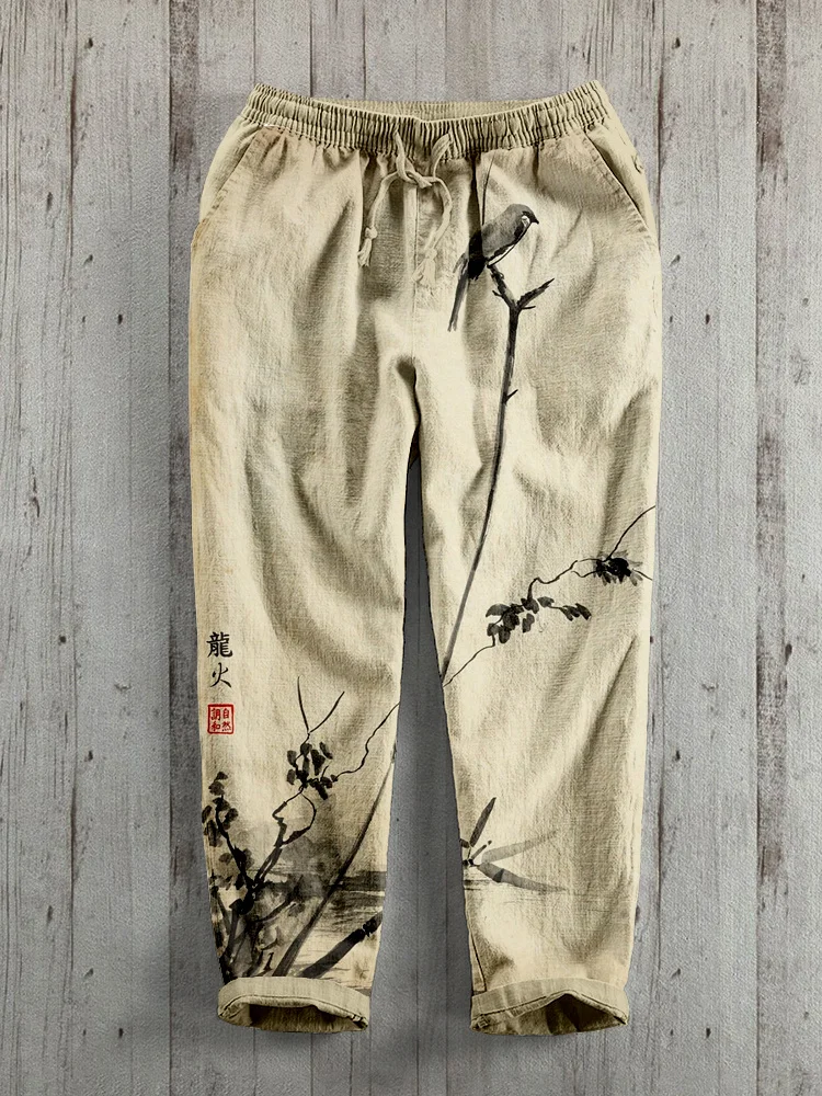 Comstylish Japanese Shrike Bird Branches Bamboo Art Linen Blend Pants