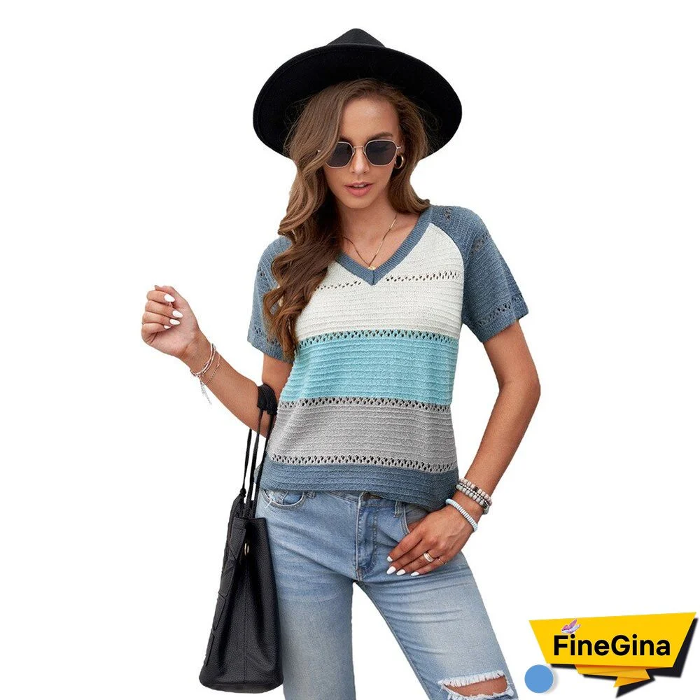 Summer Knitted Short Sleeve Top Women's European And American Contrast V-neck Pullover T-shirt Y2k Top