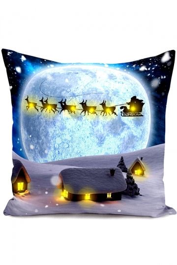 Led Light Christmas Decor Snow Reindeer Print Throw Pillow Cover White-elleschic
