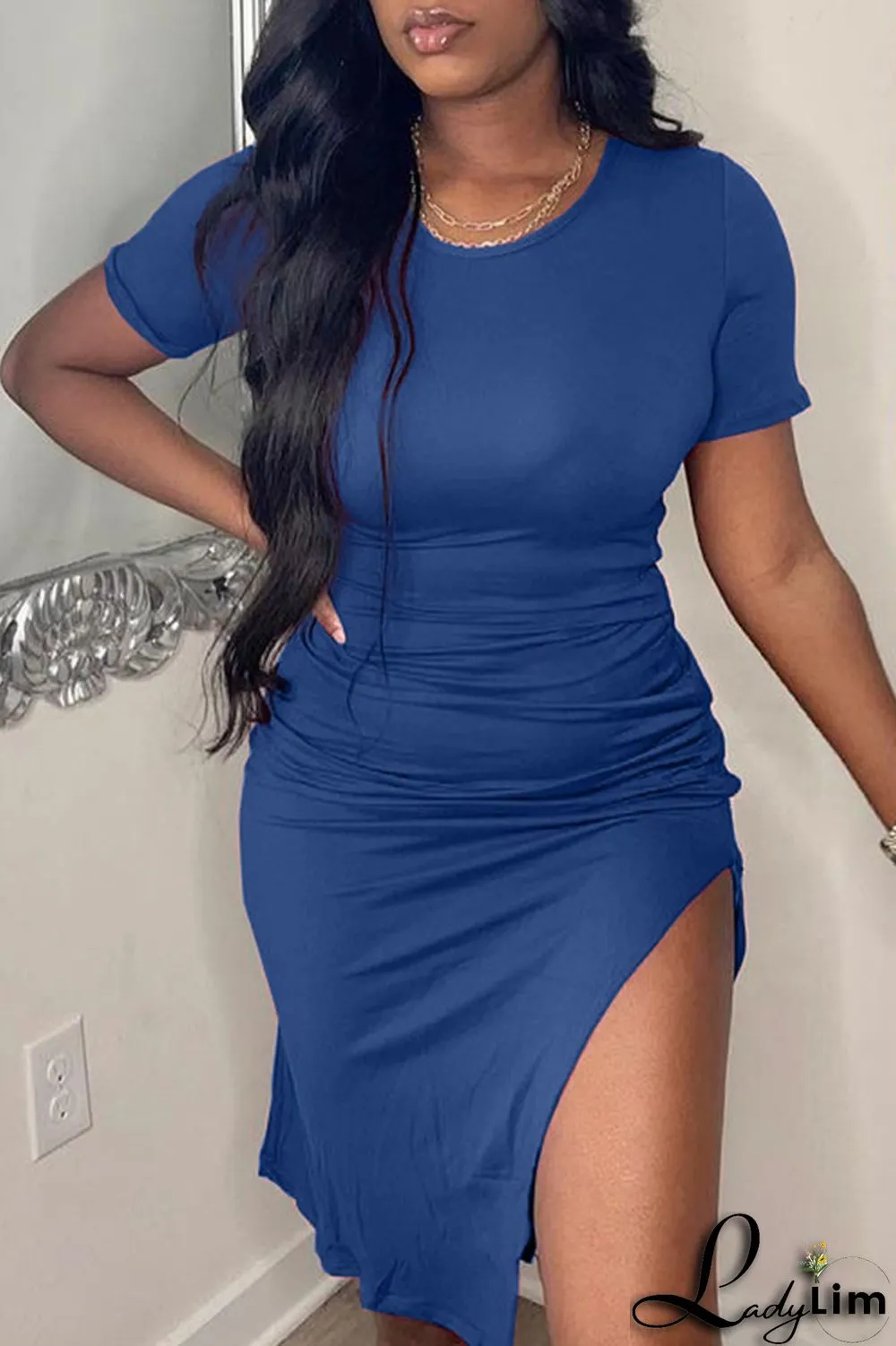 Fuchsia Fashion Casual Solid Draw String Frenulum Slit O Neck Short Sleeve Dress