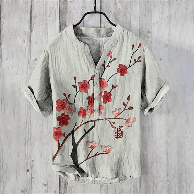 Japanese Ink Painting Of Flower Art Linen Blend Cozy Shirt