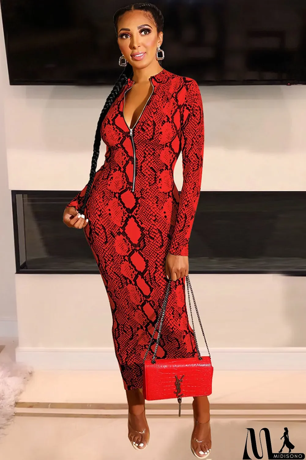 MidiSono - Red Milk. Europe and America Cap Sleeve Long Sleeves O neck Step Skirt Ankle-Length Print chain Patchwor