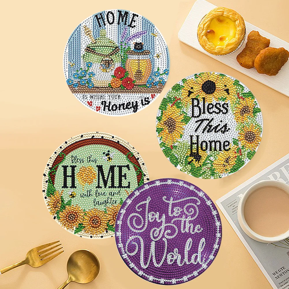 4pcs DIY Flower Letters Wooden Diamond Painted Placemats for Dining Table Decor(15*15cm)