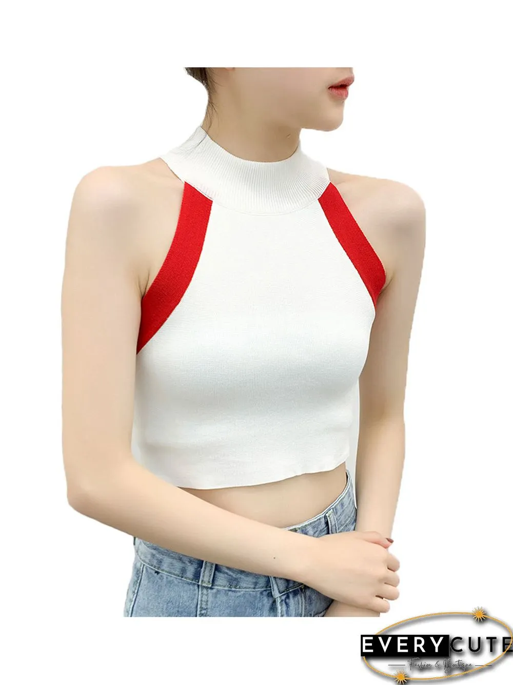 Heliar Womens Y2K Round-neck Patchwork Cute Off Shoulder Cropped Tops Knitted Tank