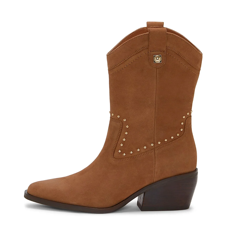 Square Toe Chunky Heel Studded Cowboy Boots for Women in Brown