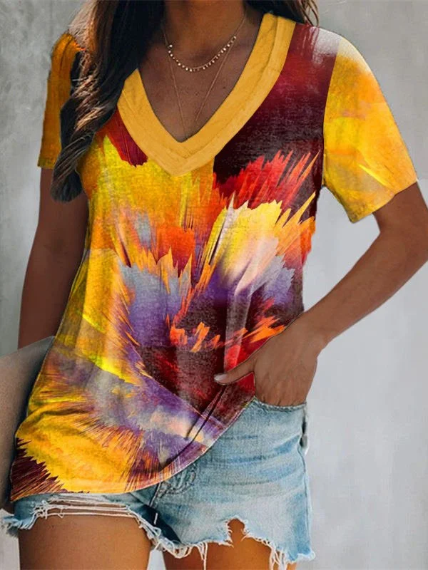 Women's Floral Printed Short Sleeve V-neck Fashion T-shirt Top