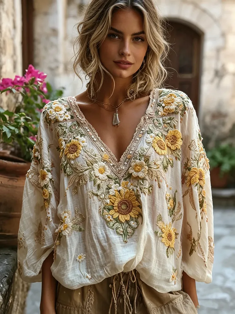 🌻 Women's Sunflower Embroidered Boho Blouse 
