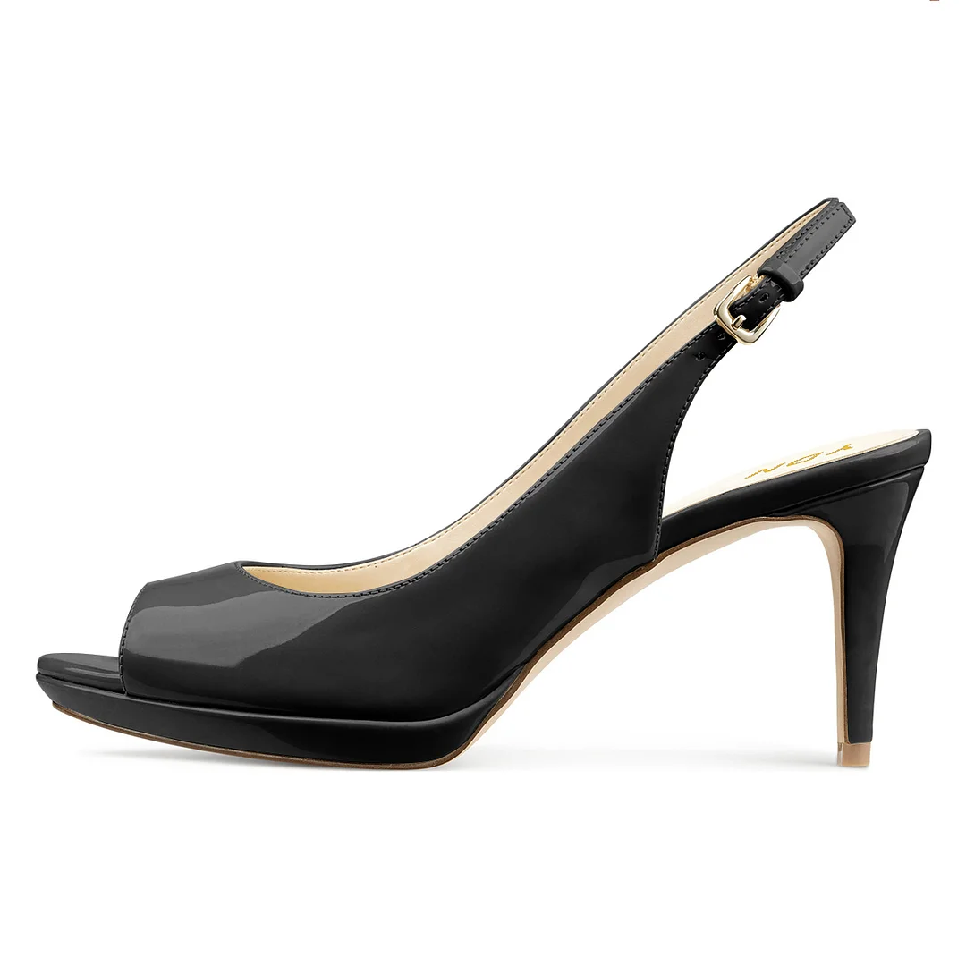 Patent Leather Platform Slingback Pumps with Stiletto Heel in Black