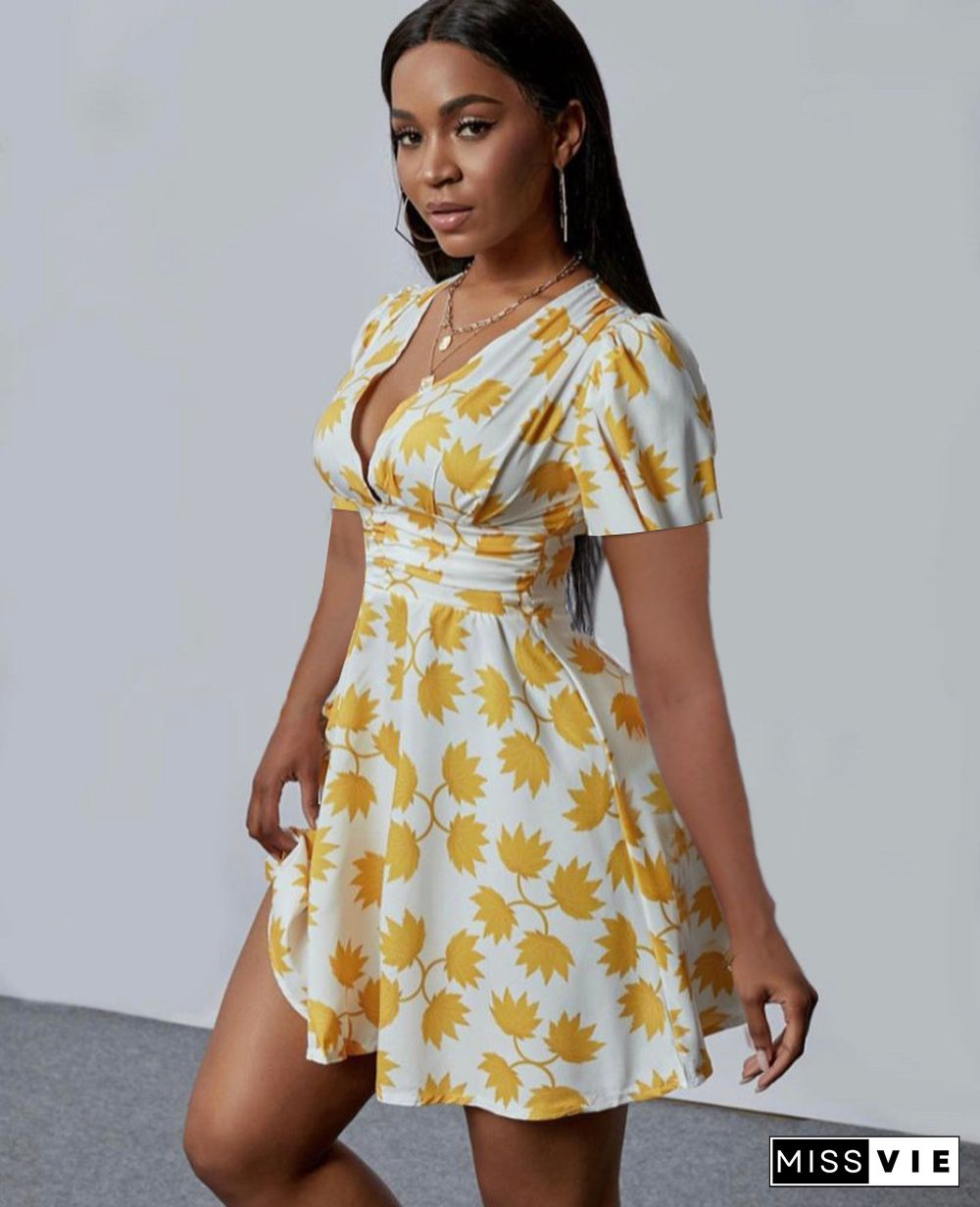 Women Casual V Neck Short Sleeve A Line Mini Dress